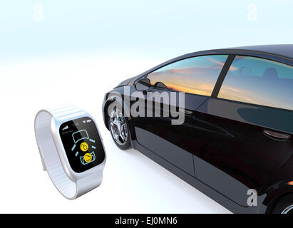 Lock and unlock car door by smart watch. Smart access technology concept. Stock Photo