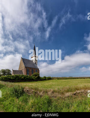 Netherlands, Holland, Europe, Den Hoorn, Texel, Noord-Holland, church, field, meadow, summer, clouds, church, Stock Photo