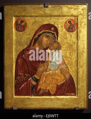 Russian icon of Mother of God Glykophilousa painted by Byzantine artist from the late 14th century to early 15th century seen at the exhibition 'Byzantine Tradition across the Centuries' in the Strahov Picture Gallery in Prague, Czech Republic. The exhibition presenting an excellent selection of Greek orthodox icons from the collections of the Kondakov Archaeological Institute (Prague) and the Museum of the Russian Icon (Moscow) runs till May 13, 2015. Stock Photo