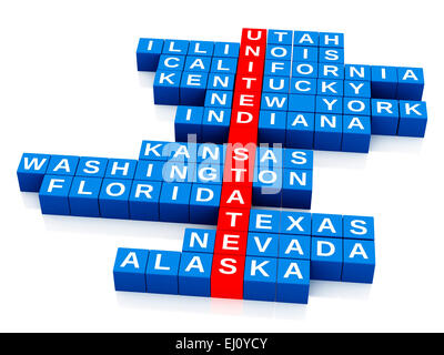 3d render image. United States country concept. Crossword with letters. Isolated white background Stock Photo