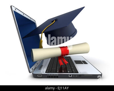 Laptop and trencher, diploma on white background (done in 3d) Stock Photo