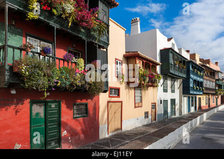 Santa Cruz de la Palma, La Palma, Spain, Europe, Canary islands, town, city, Old Town, houses, homes, balconies, flowers Stock Photo