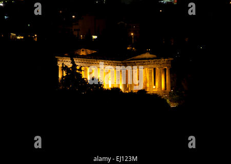 The Temple of Hephaestus at night in The Agora of Athens in Athens, Greece. Stock Photo