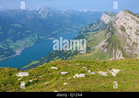 View, Hinterrugg, Switzerland, Europe, canton St. Gallen, Toggenburg, Churfirsten, Walensee, lake, Stock Photo