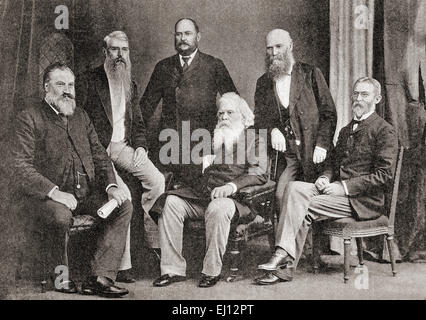 Six Australian premiers, from left to right:  Thomas Playford,  1837 – 1915.  Premier of South Australia.   Sir Philip Oakley Fysh, 1835 – 1919. Premier of Tasmania.  Sir John Forrest,1847 –  1918. Premier of Western Australia.  Sir Henry Parkes, 1815 – 1896. Premier of New South Wales.   Hon. James Munro, 1832 - 1908. Premier of Victoria.  Sir Samuel Walker Griffith, 1845 – 1920. Premier of Queensland. Stock Photo