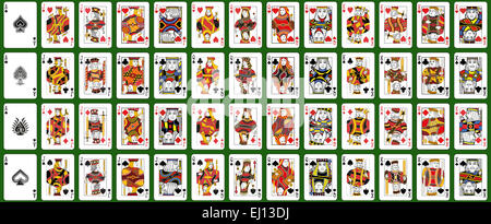 Set of playing card figures and aces of spades realized with four different style over a green background Stock Photo