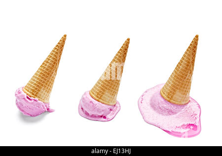 Pink ice cream melting and spilling from the waffle cone on pastel blue ...