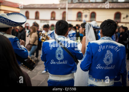 Peruvian wedding with Mariachi Band, Plaza de Armas, Puno, Lake Titicaca, Peru Stock Photo