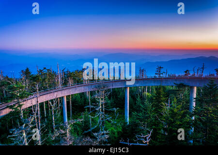 Ramp to the  Clingman's Dome Observation Tower and view of the Appalachians at sunset, in Great Smoky Mountains National Park, T Stock Photo