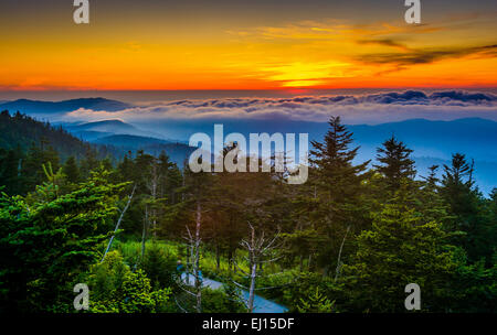 Sunset over mountains and fog from Clingman's Dome Observation Tower in Great Smoky Mountains National Park, Tennessee. Stock Photo