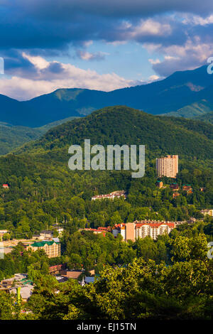 View of Gatlinburg, seen from Foothills Parkway in Great Smoky Mountains National Park, Tennessee. Stock Photo