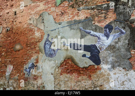 Anonymous street art in Georgetown Penang. Bruce lee in full flight kicking at two cats. No cats were hurt in the making of this artwork. Stock Photo