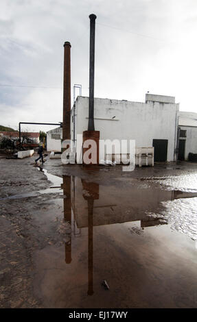 Close view of a small old factory with a reflection on a water pool. Stock Photo