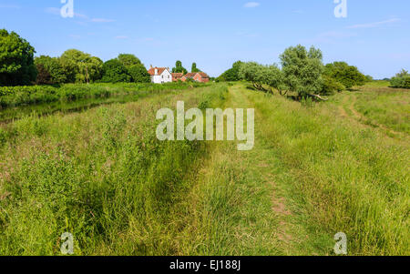 Footpath along the bank of the river Hull with village houses in the distance on a bright summer afternoon near Weel village. Stock Photo