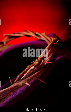 closeup of the the crown of thorns of Jesus Christ on a purple fabric Stock Photo