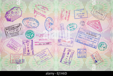 Retro Vintage Stamps In A European Passport From Multiple Locations Stock Photo