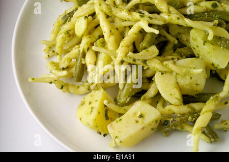 Pasta (  trofie al pesto ). Basil sauce, potatoes and green beans Stock Photo