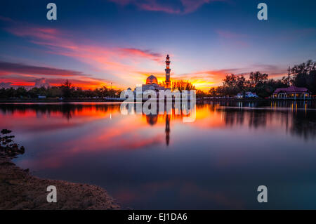 Beautiful Red sunset at terengganu mosque Stock Photo