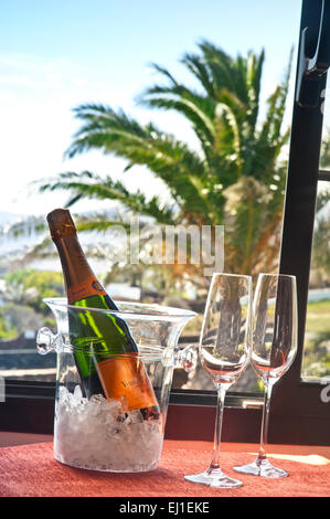 Champagne bottle & glasses room service on ice in wine cooler at open window of luxury holiday vacation villa/hotel room, palm tree & blue sky behind Stock Photo