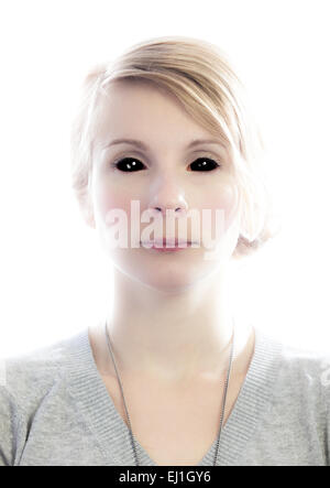 Mugshort of a Beautiful  Demon-like Woman with no facial Expression Isolated on White Stock Photo