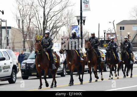 Mounted Newark police officers during the 2013 St. Patricks day parade. New Jersey, USA. Stock Photo
