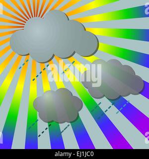 Rainy in rainbow rays with clouds, vector illustration Stock Vector