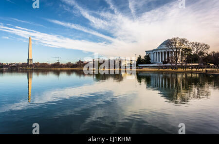 The Washington Monument and Thomas Jefferson Memorial reflecting in the Tidal Basin, Washington, DC. Stock Photo
