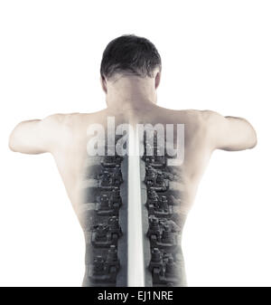 Double exposure monochrome abstract conceptual collage with railway rail as a backbone of muscular young male, back view Stock Photo