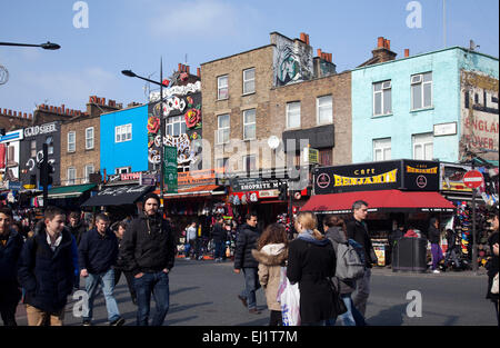 Shops and People along Camden High Street in London NW1 - UK Stock Photo