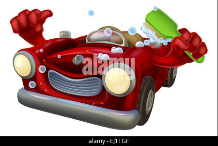 Cartoon car wash character covered in bubbles giving a thumbs up and scrubbing himself with a cleaning brush Stock Photo