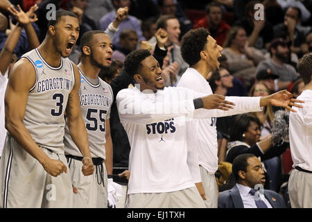 Portland, Oregon, USA. 19th March, 2015. Georgetown's bench reacts to a play. The Georgetown Hoyas play the Eastern Washington Eagles at the Moda Center on March 19, 2015. Credit:  David Blair/ZUMA Wire/Alamy Live News Stock Photo