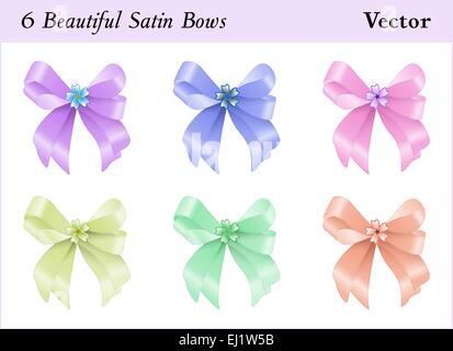 Six beautiful colored satin bows with a little flower Stock Vector