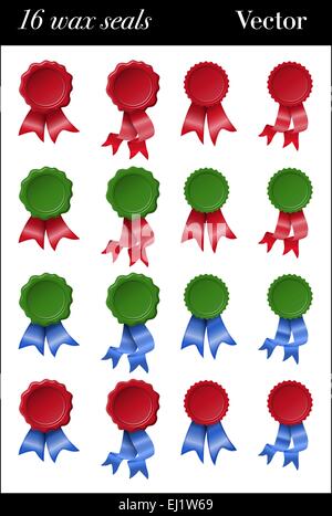 Sixteen green and red colored wax seals with red and blue ribbons Stock Vector