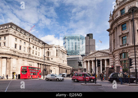 A street scene in Threadneedle Street, London, England, with the Bank of England on the left. Stock Photo