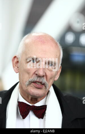 Gdansk, Poland 20th, March 2015 Lech Walesa Airport in Gdansk. Far right politician and candidate for President of Poland Janusz Korwin Mikke press conference at the Gdansk airport. Mikke continues his presidential campaign traveling around Poland on board an aeroplane named 'Air Korwin One'. Credit:  Michal Fludra/Alamy Live News Stock Photo