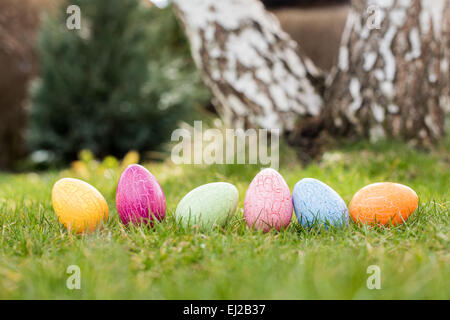 Six easter eggs in a row in the garden Stock Photo