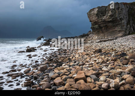 Elgol beach on the Isle of skye on a dramatic, windy day in autumn. White surf on the rocky shore. Stock Photo
