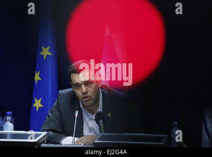 Brussels, Belgium. 20th Mar, 2015. Greece's Prime Minister Alexis Tsipras attends a press conference after the European Union (EU) summit at EU headquarters in Brussels, Belgium, March 20, 2015. Credit:  Ye Pingfan/Xinhua/Alamy Live News Stock Photo