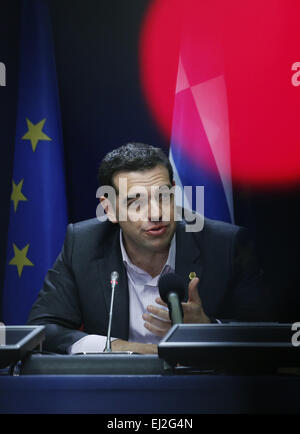 Brussels, Belgium. 20th Mar, 2015. Greece's Prime Minister Alexis Tsipras attends a press conference after the European Union (EU) summit at EU headquarters in Brussels, Belgium, March 20, 2015. Credit:  Ye Pingfan/Xinhua/Alamy Live News Stock Photo