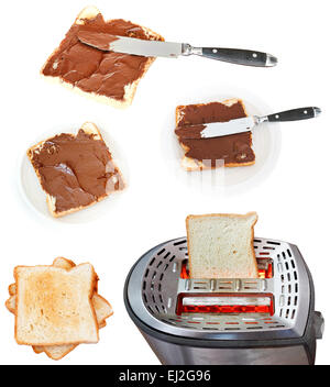 sweet sandwiches - toasts with hazelnut and chocolate spread and toaster isolated on white background Stock Photo