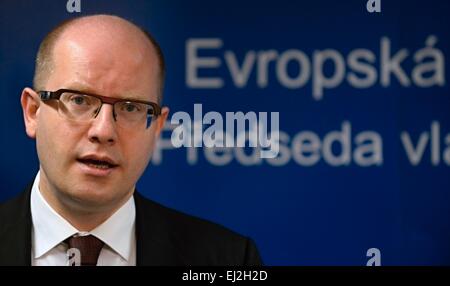 Brussels, Belgium. 20th Mar, 2015. Czech Prime Minister Bohuslav Sobotka speaks with media aftre the EU summit in Brussels, Belgium, March 20, 2015. Credit:  Jakub Dospiva/CTK Photo/Alamy Live News Stock Photo