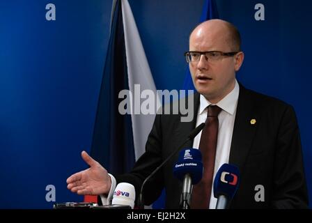 Brussels, Belgium. 20th Mar, 2015. Czech Prime Minister Bohuslav Sobotka speaks with media aftre the EU summit in Brussels, Belgium, March 20, 2015. Credit:  Jakub Dospiva/CTK Photo/Alamy Live News Stock Photo