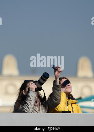 Moscow. 20th Mar, 2015. People watch a partial solar eclipse at Gorky park in Moscow, Russia. Credit:  Jia Yuchen/Xinhua/Alamy Live News Stock Photo