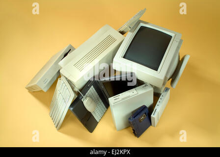 Old computer equipment on a pile. Stock Photo