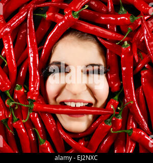 Beautiful woman expression face with red chili pepper frame Stock Photo