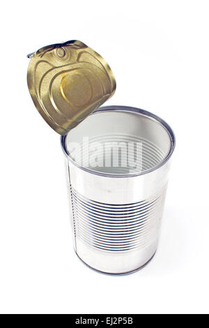 Open empty tin can isolated on white Stock Photo