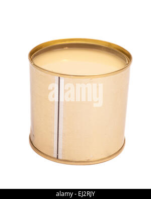 Condensed milk in tin can over white background Stock Photo