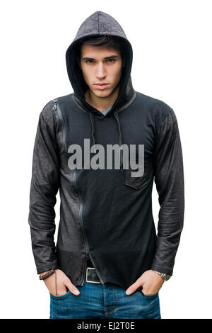 Handsome young man in black hoodie sweater isolated on white looking at camera Stock Photo