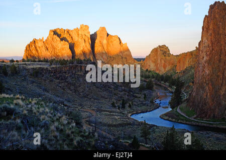 Smith Rock State Park rock formations at sunrise, central Oregon near the town of Terrebonne. Stock Photo