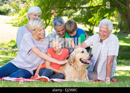 Happy family petting their dog in the park Stock Photo